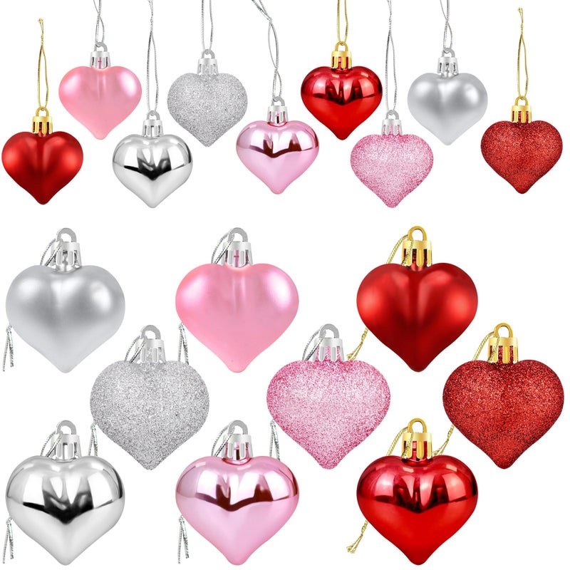 Partyprops 36Pcs Valentines Heart Shaped Ornaments - Valentines Heart Decorations - Red Pink Silver Glitter Heart Shaped Baubles - Romantic Christmas Valentines Tree Hanging Decorations - Image 1